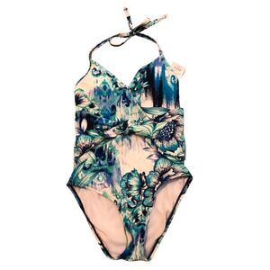 Apt.9 one piece swim suit - white, blue, green floral print size S